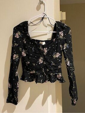 Divided Black Floral button up Long-Sleeve square neck blouse Top, size 2